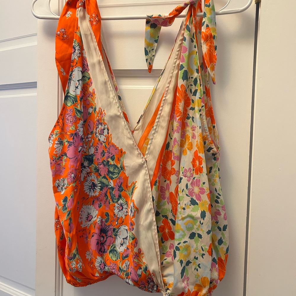 Free People Floral V-Neck Blouse - Orange and Cream